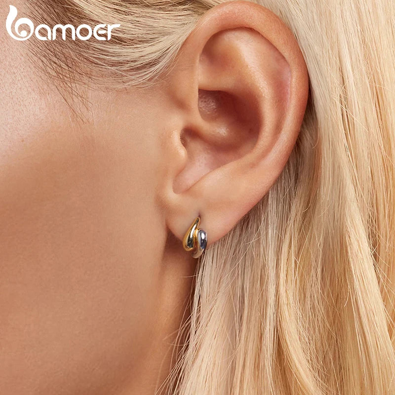Two-Tone Waterdrop Hoop Earrings – 14K Gold & 925 Sterling Silver Chunky Twisted Link Style for Women