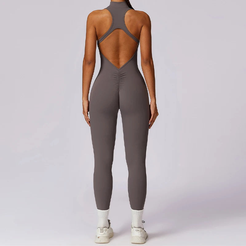 V-Back One-Piece Sports Jumpsuit for Women – Sleeveless Zipper Workout Romper for Yoga, Running & Fitness
