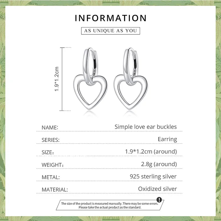 Sterling Silver Heart Drop Earrings – Simple Love Ear Buckles for Women in 925 Silver
