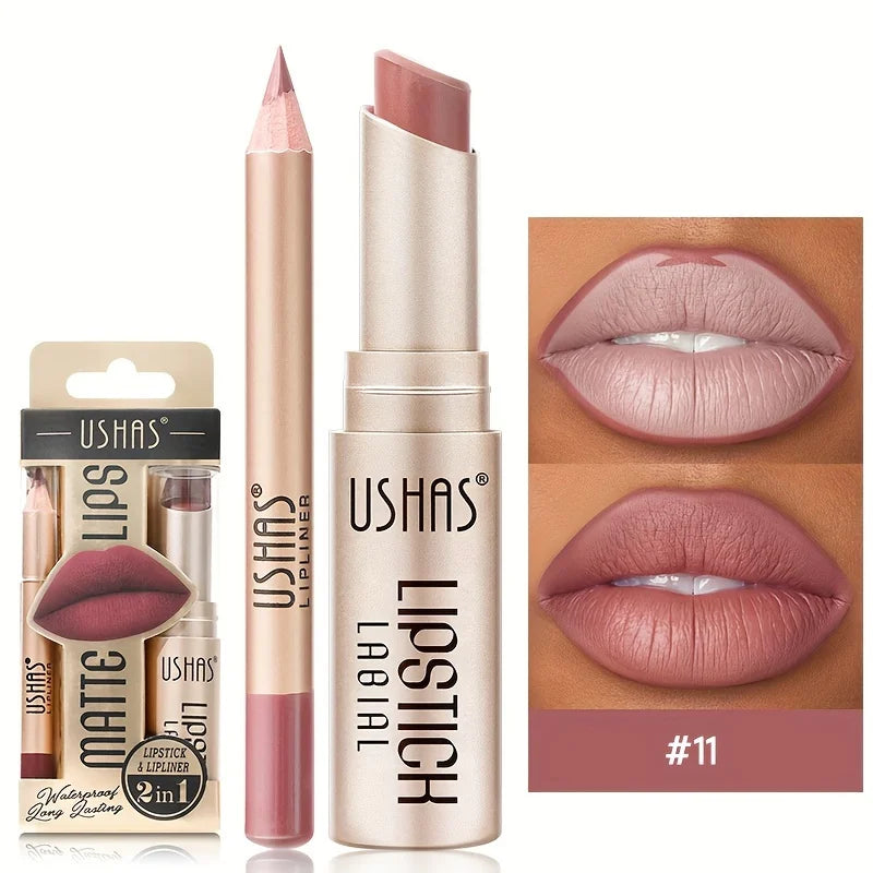 USHAS 12-Color Matte Lipstick & Lip Liner Set – Long-Lasting, Waterproof, Non-Stick Cup Makeup Kit