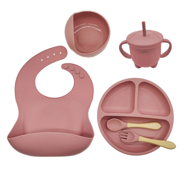 Children's Silicone Tableware Set – 6/8-Piece Baby Feeding Kit with Suction Bowl, Fork, Spoon, Bib, Straw & Cup