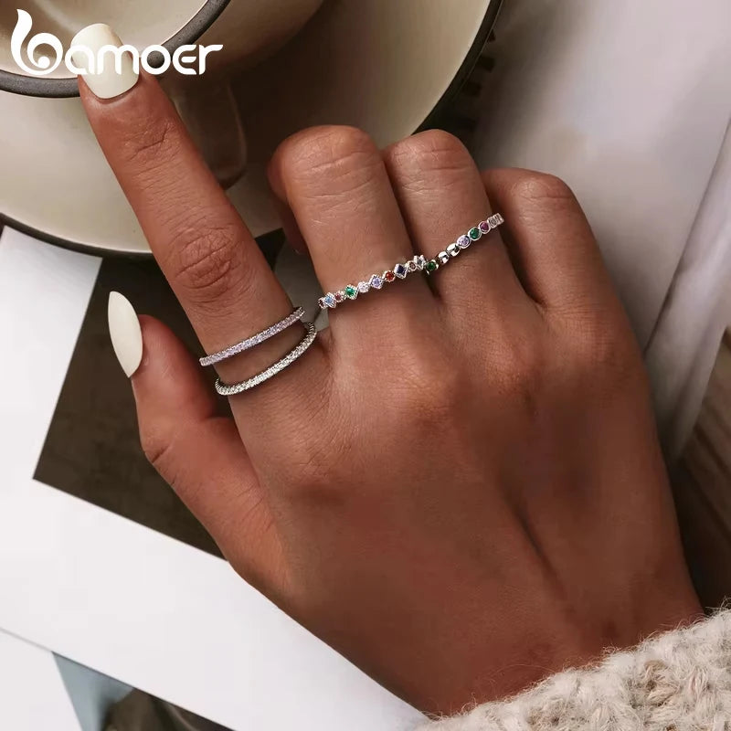 925 Sterling Silver Rainbow Zircon Ring – Dazzling Multicolor CZ Band for Women