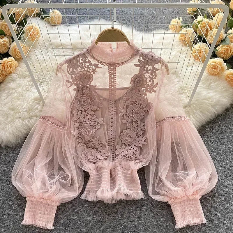 Vintage Lace Patchwork Blouse with Puff Sleeves – Elegant Slim Fit Shirt for Women