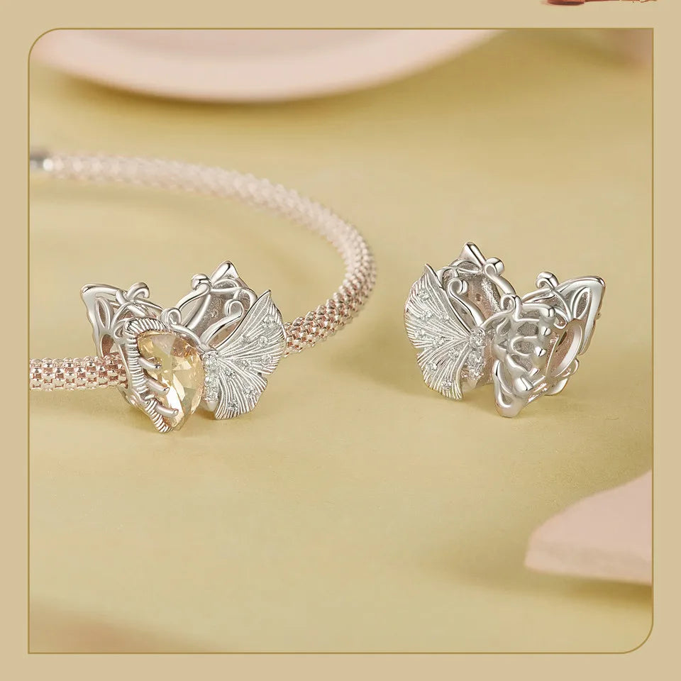 925 Sterling Silver Ginkgo Leaf and Butterfly Heart Charm – Autumn Collection Bead with Zircon for DIY Bracelets