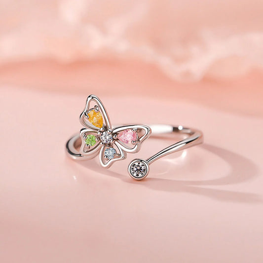 Vintage 925 Sterling Silver Adjustable Butterfly Ring with Zircon – Elegant Open Insect-Inspired Cocktail Ring for Women