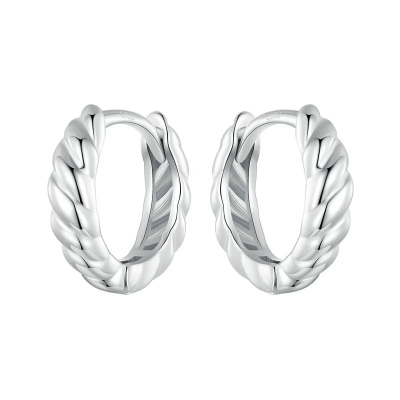 Sterling Silver Twisted Rope Huggie Hoop Earrings – White Gold Plated Lightweight Hypoallergenic Design