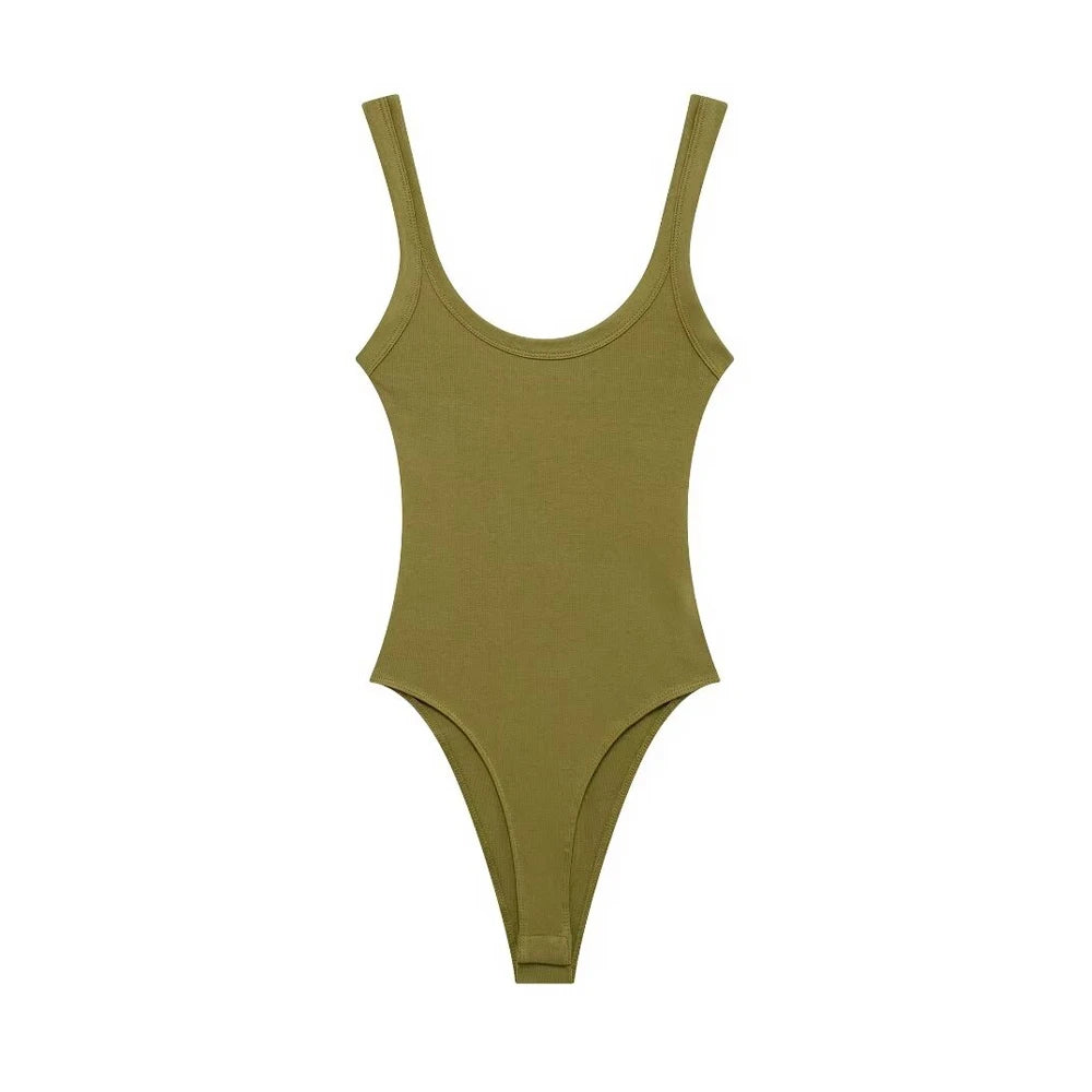 Skinny Ribbed Bodysuit for Women – O-Neck Strappy One-Piece with Snap Closure