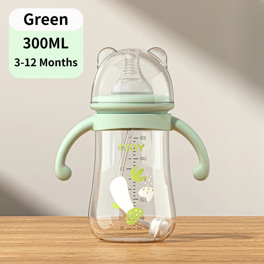 300ML Multi-Purpose Baby Feeding Bottle with Handle – Large Capacity PP Bottle with Silicone Pacifier, BPA-Free, Cartoon Design