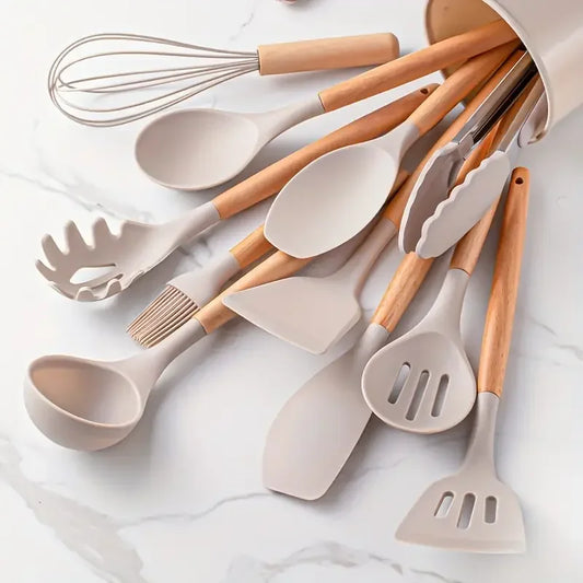 12-Piece Silicone Kitchen Utensil Set – Non-Stick Cooking Tools with Wooden Handles and Heat-Resistant Spatulas & Spoons