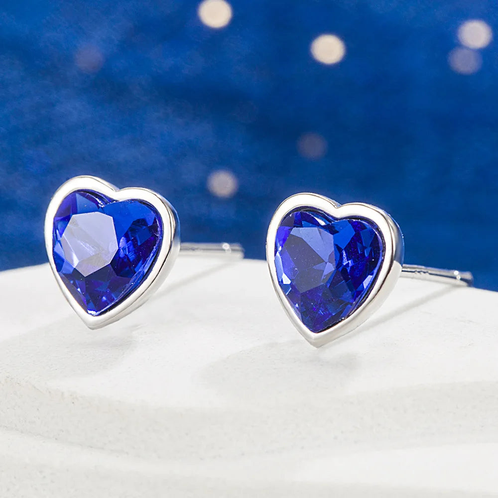 925 Sterling Silver Heart-Shaped Blue Crystal Stud Earrings – Romantic Wedding Jewelry for Women