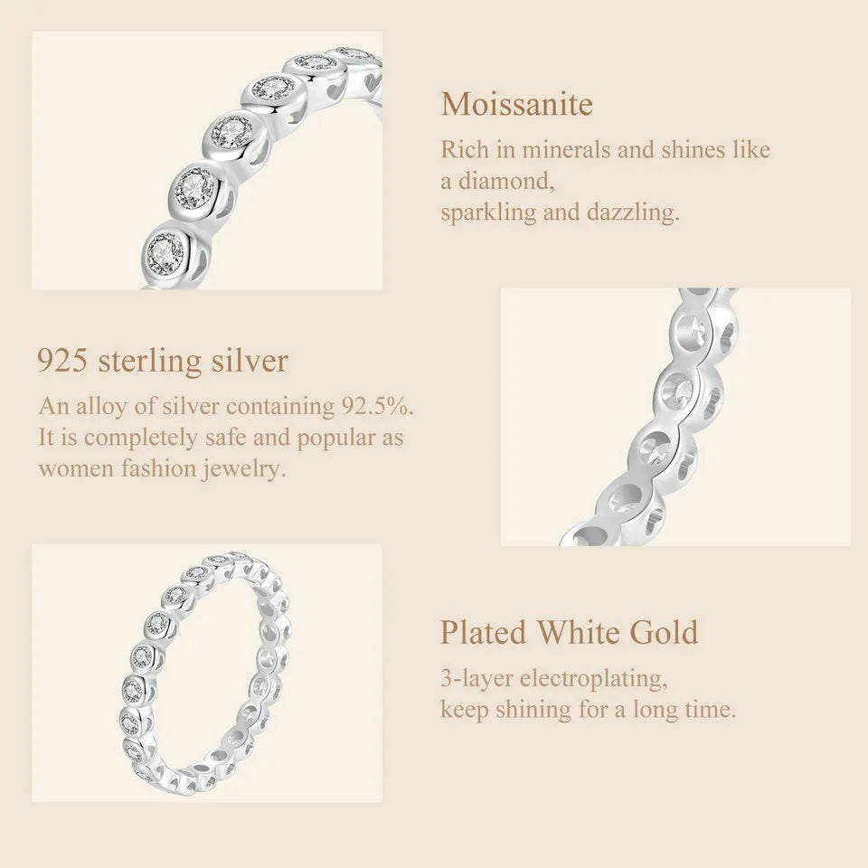 White Gold Plated Bubble Moissanite Ring – 925 Sterling Silver Bezel Set Full Eternity Band for Women