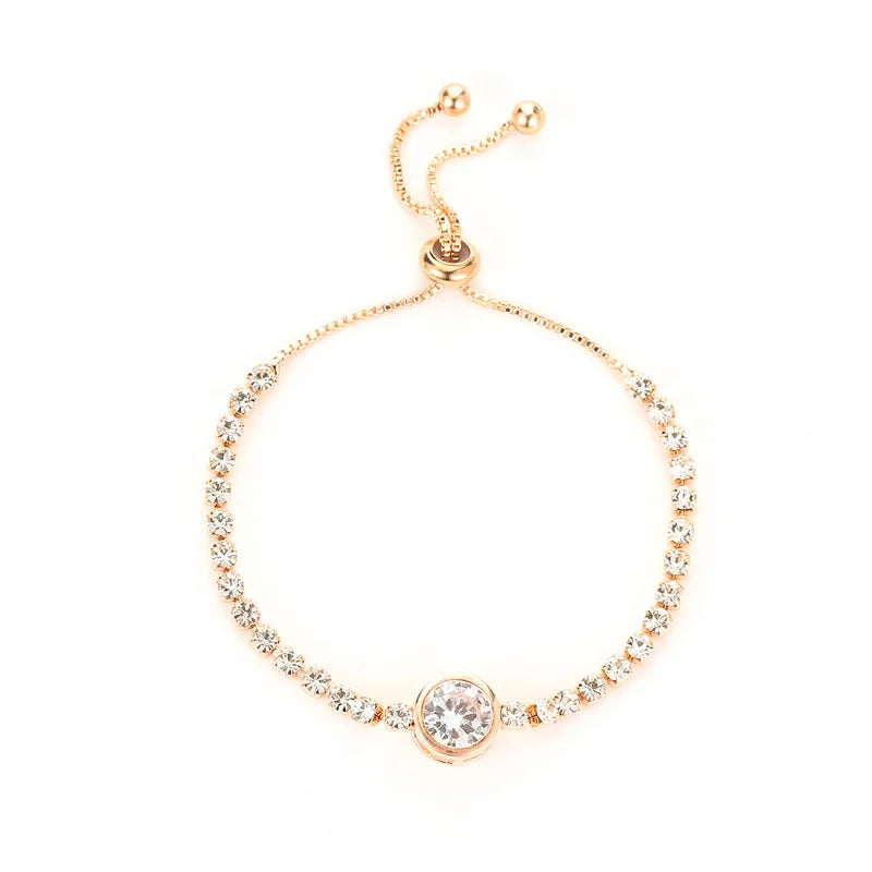 18K Gold Plated Adjustable Bracelet for Women – Rhinestone Heart Link with Square Zircon Charm