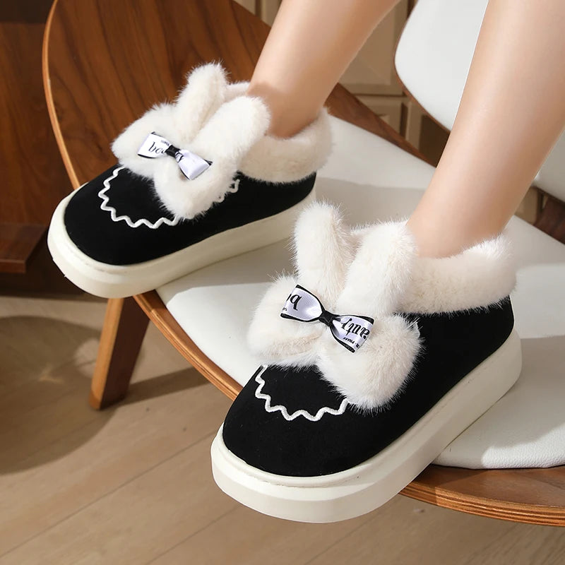 Women's Cute Furry Rabbit Ear Winter Snow Boots – Faux Fur Ankle Boots with Thick Sole and Plush Lining