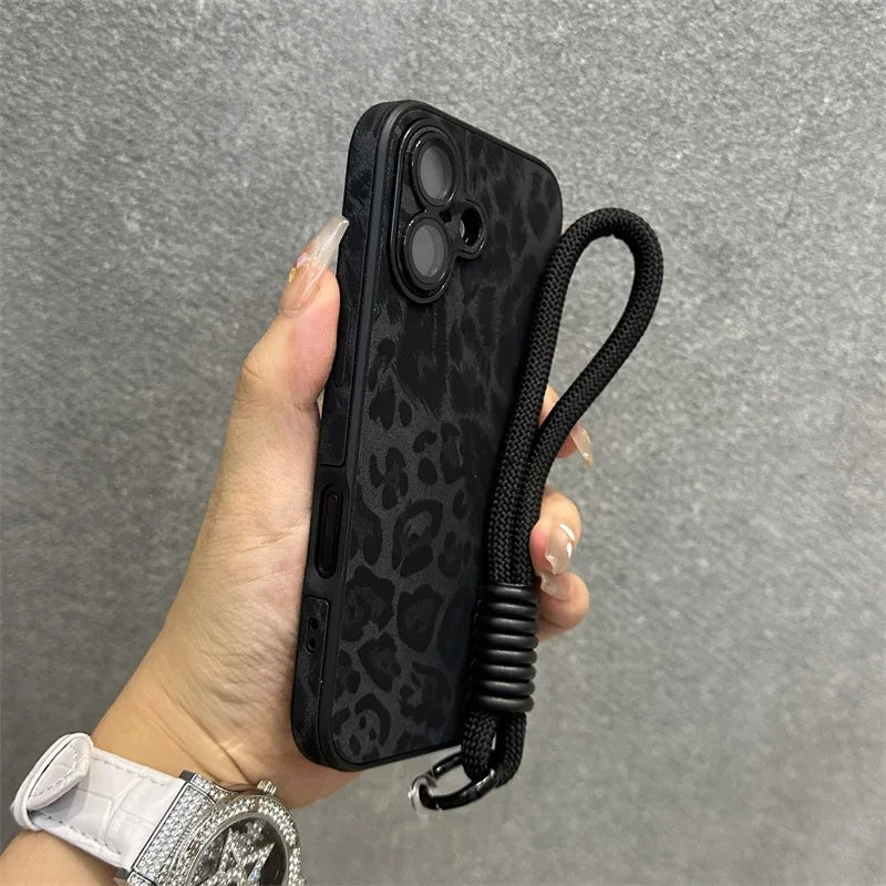 Cartoon Leopard Print Leather Case for iPhone 11/12/13/14/15/16 Series – Matte Cover with Wrist Strap, Lanyard, and Camera Lens Protection