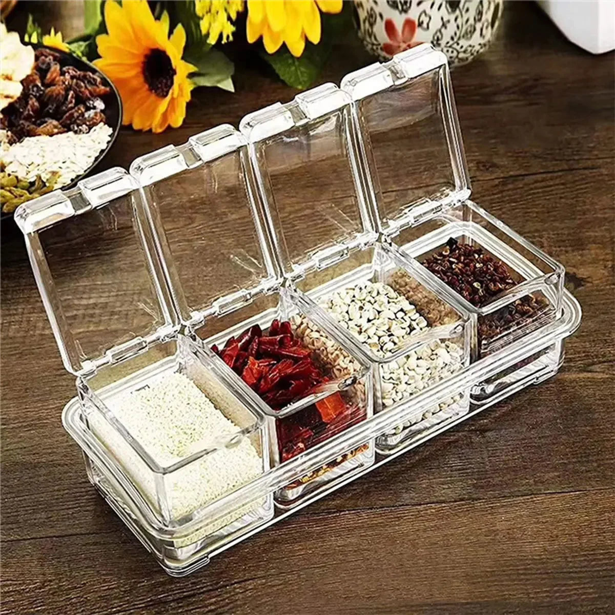 Clear Seasoning Box Set – 4 Crystal Spice Containers with Lids & Spoons, Compact Organizer for Kitchen or Camping
