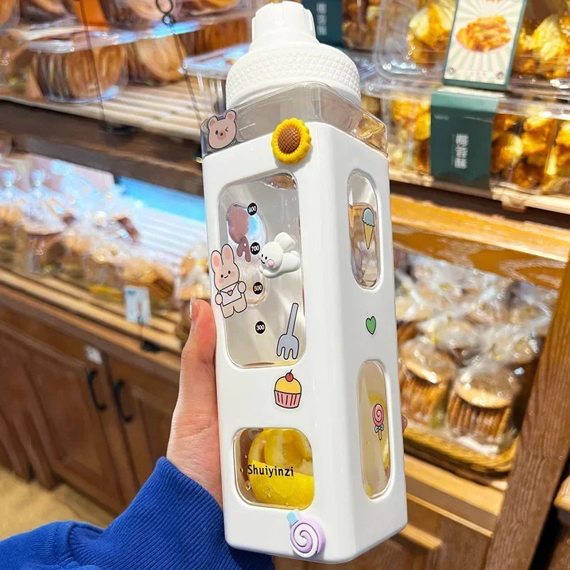 700ml/900ml Kawaii Pastel Straw Water Bottle – Cute Plastic Travel Cup for Juice, Tea, or Milk with Lid and Handle
