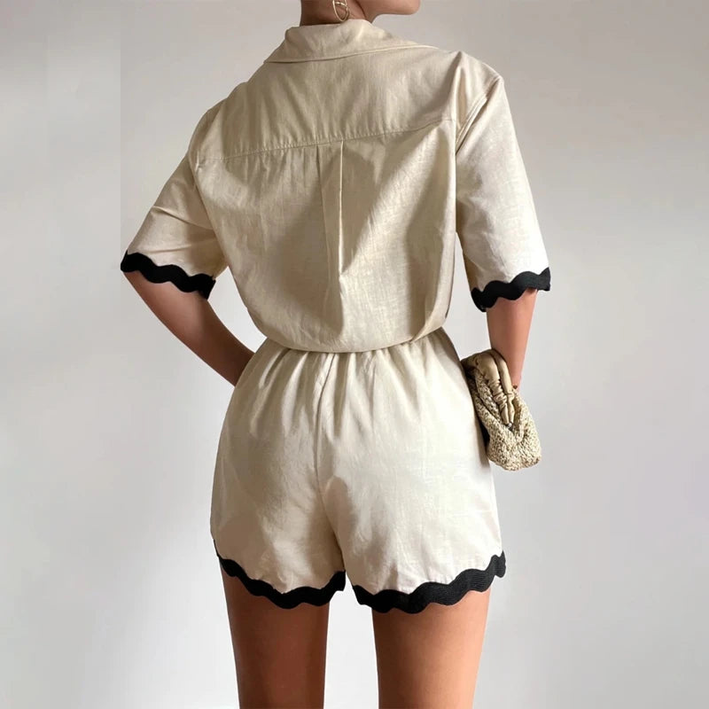 Women's Striped Two-Piece Lounge Set – Loose Button-Up Blouse with Elastic Waist Shorts for Summer Casual and Holiday Wear