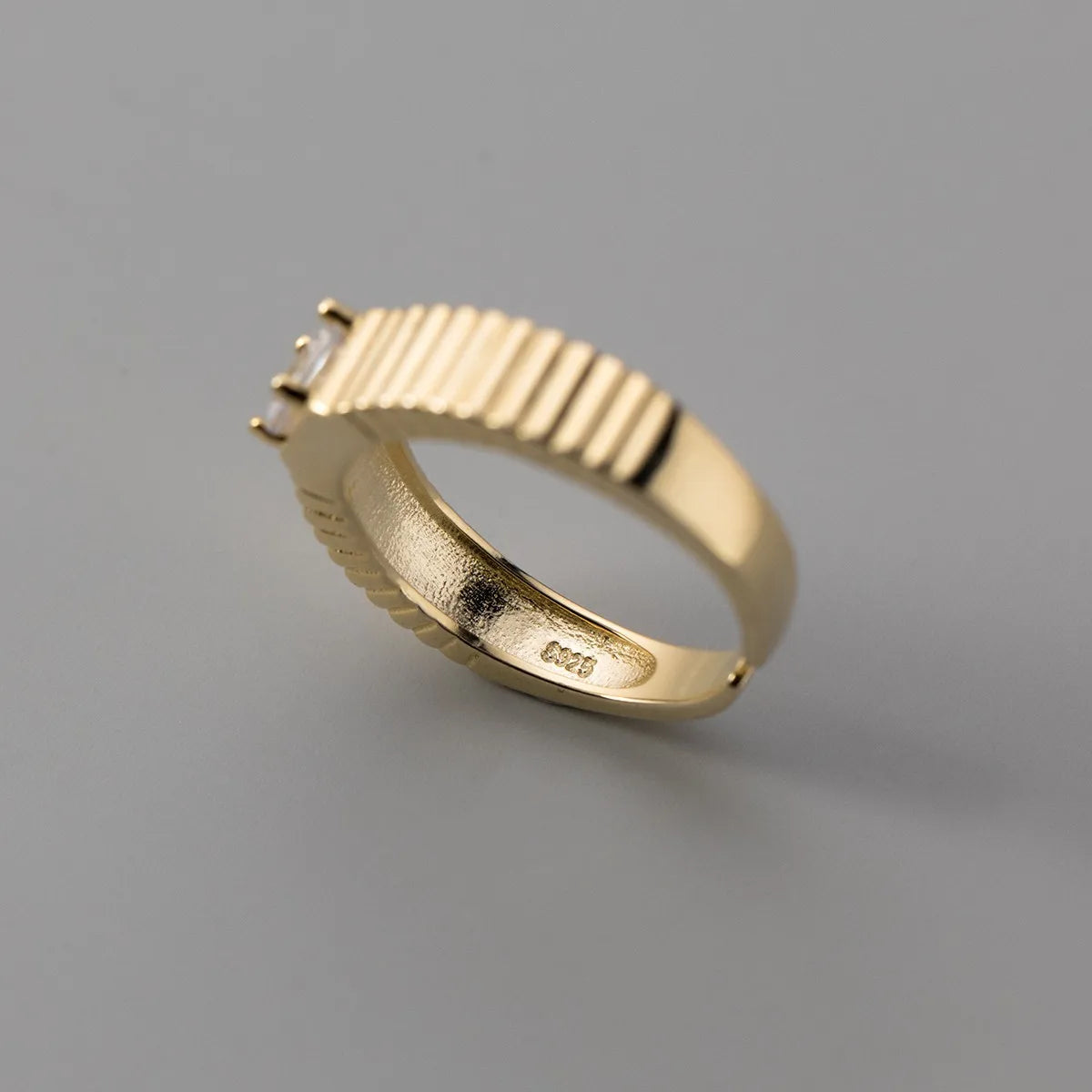 925 Sterling Silver Stripe Zircon Open Ring – Classic Adjustable Cocktail Jewelry for Women