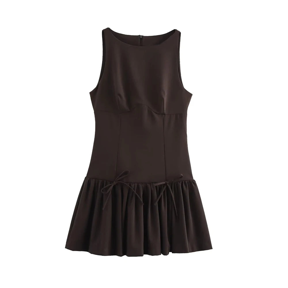 Chic Ruffled Mini Dress with Bows – Sleeveless O-Neck Casual A-Line Dress for Women