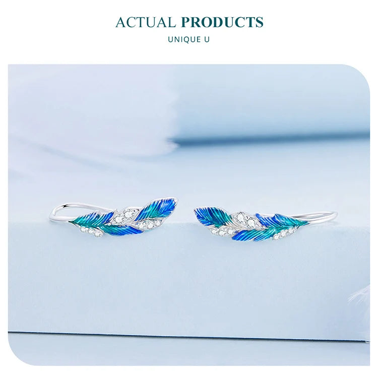 925 Sterling Silver Blue Feather Drop Earrings with CZ – Elegant Gift for Women