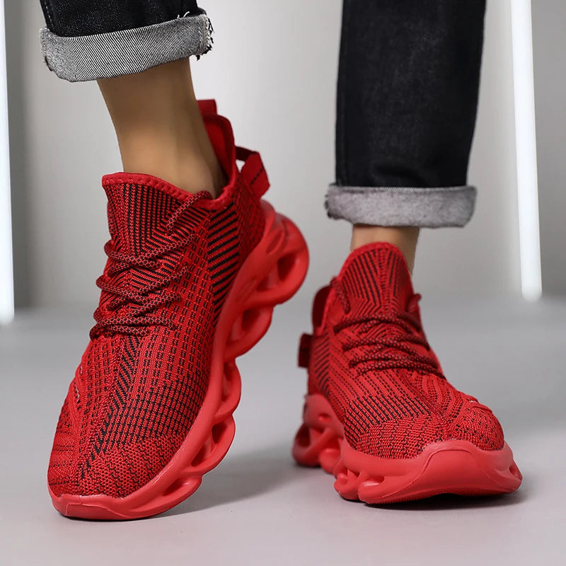 Unisex Red Mesh Running Shoes – Breathable Lightweight Slip-On Sneakers with EVA Cushioning, Flying Weave Gym & Outdoor Footwear for Tennis or Long Distance