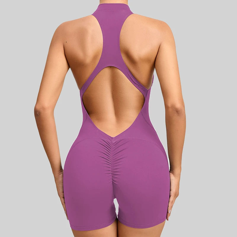 V-Back Scrunch Sports Jumpsuit for Women – Sleeveless Zipper One-Piece Gym Romper for Yoga & Fitness