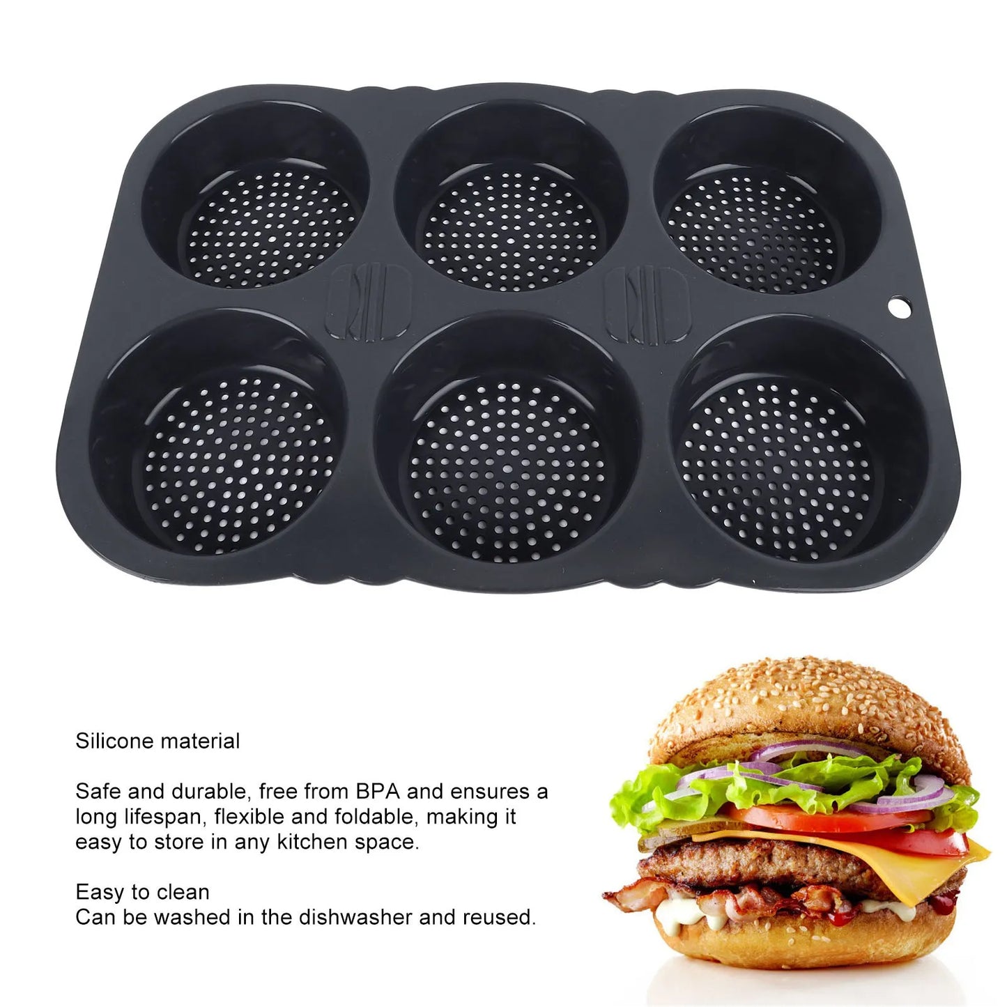 6-Cavity Silicone Hamburger Bun Mold – Reusable Foldable Bread Baking Tray, Heat Resistant from -40℉ to +446℉