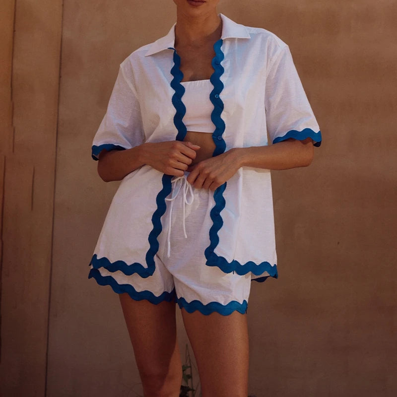 Women's Striped Two-Piece Lounge Set – Loose Button-Up Blouse with Elastic Waist Shorts for Summer Casual and Holiday Wear
