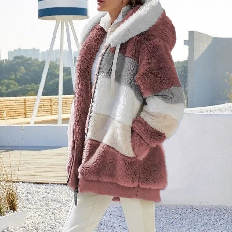 Women's Oversized Plush Hooded Jacket – Warm Loose Fit Zip-Up Streetwear Outerwear with Pockets