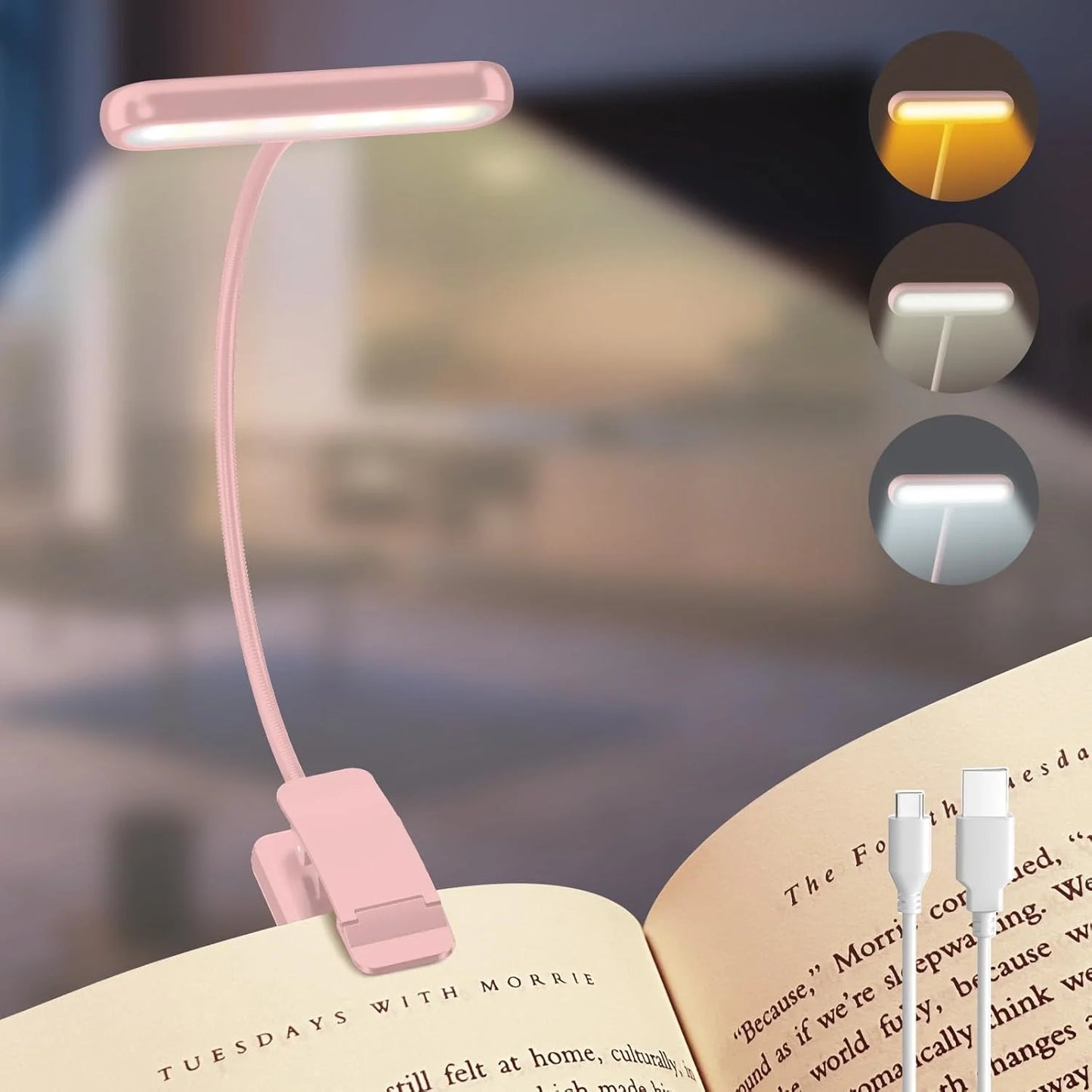 14-LED USB Rechargeable Book Light – Warm, Cool, Daylight Modes – Flexible Clip-On Reading Lamp for Bed, Travel, or Study