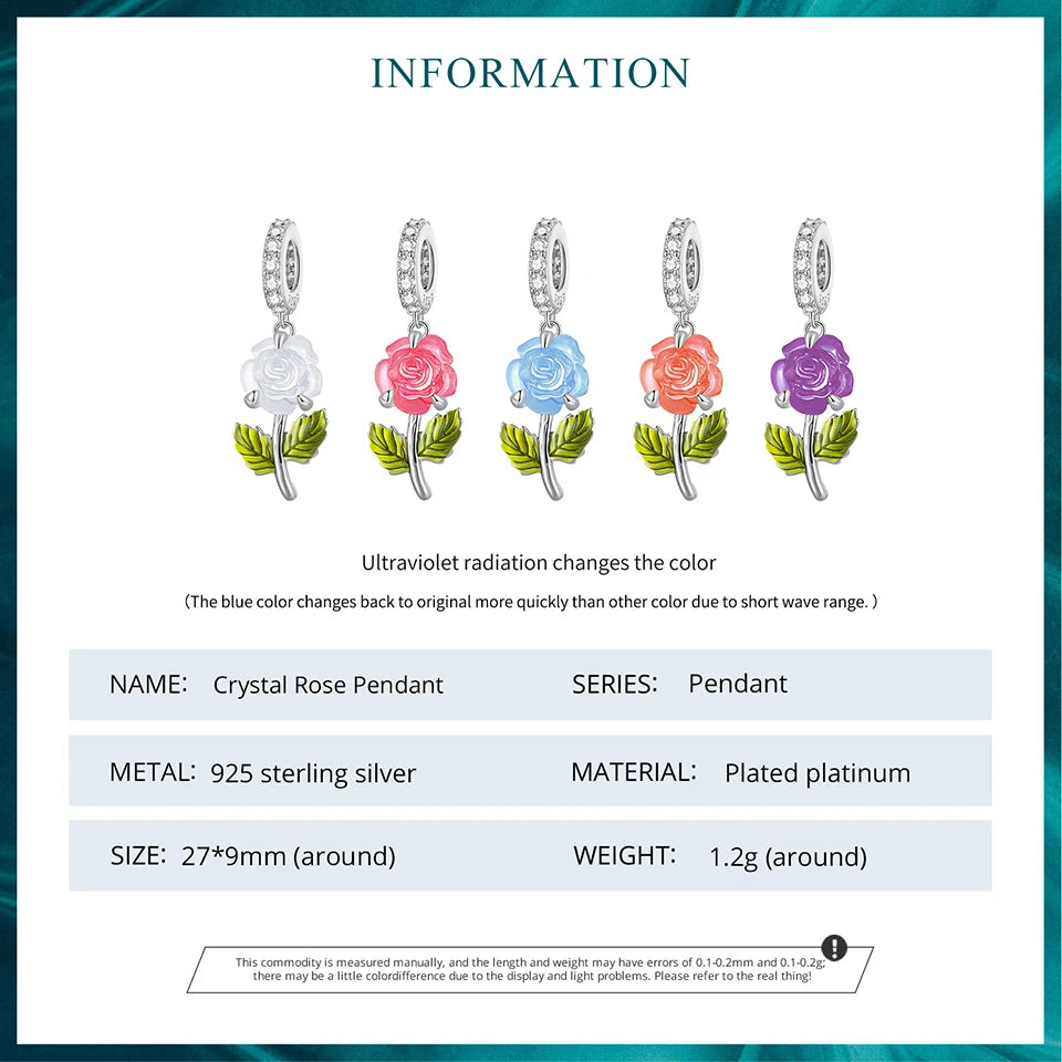 925 Sterling Silver Rose Hanging Charm – Color-Changing Flower Pendant for Bracelet or Necklace DIY