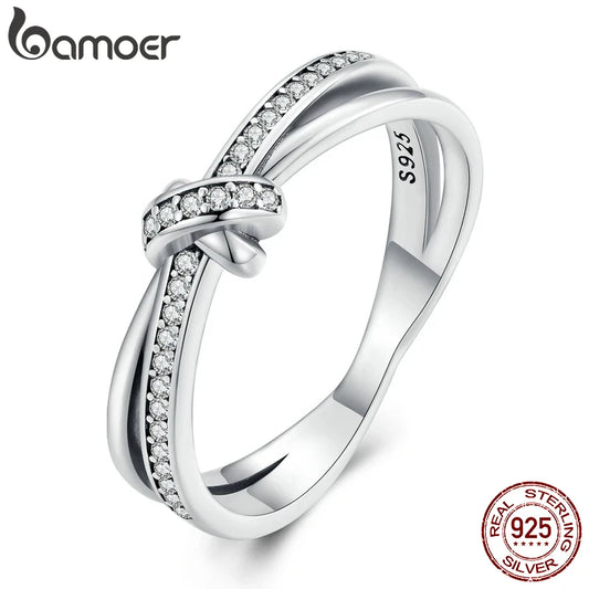 925 Sterling Silver Double Layer Knot Ring for Women – Stackable Cocktail Ring with Zircon Accents