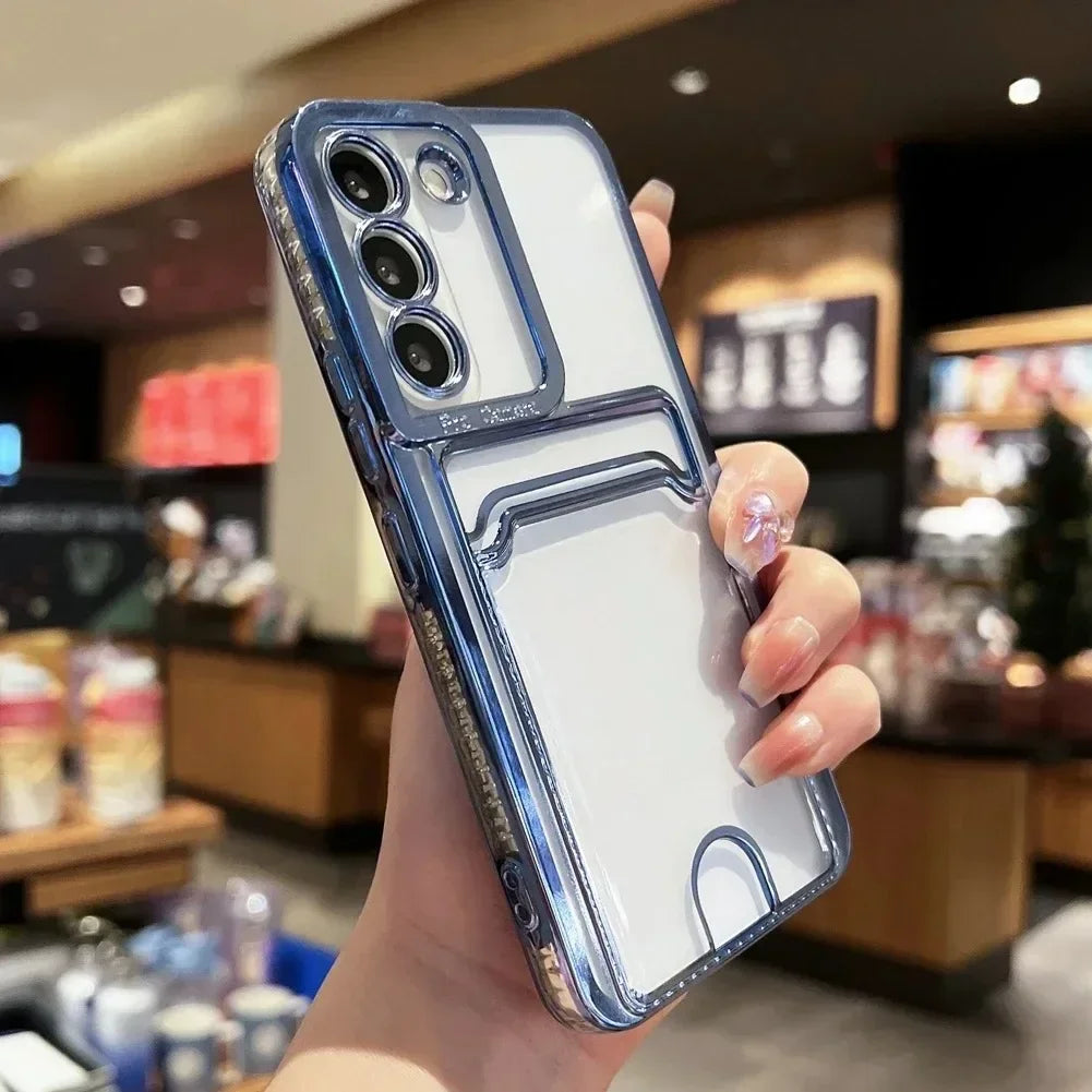 Transparent Card Holder Plating Case for Samsung Galaxy S24/S25/S23/S22/S21/S20 FE/Note 20 & A Series – Wallet TPU Cover with Lens Protection