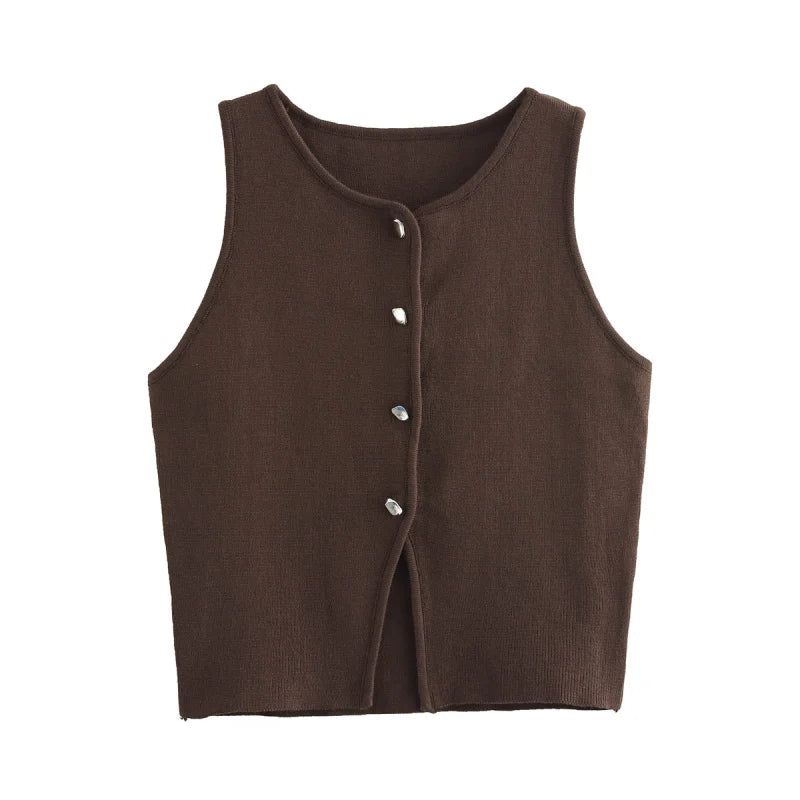 Slim Fit Knit Button Vest – Sleeveless Round Neck Solid Color Crop Top