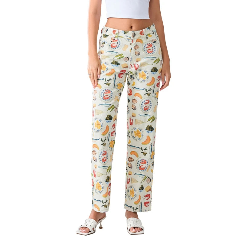 Women's Y2K Fruit Print Wide Leg Jeans – High Waist Loose Fit Straight Denim Pants with Pockets for Vintage Streetwear
