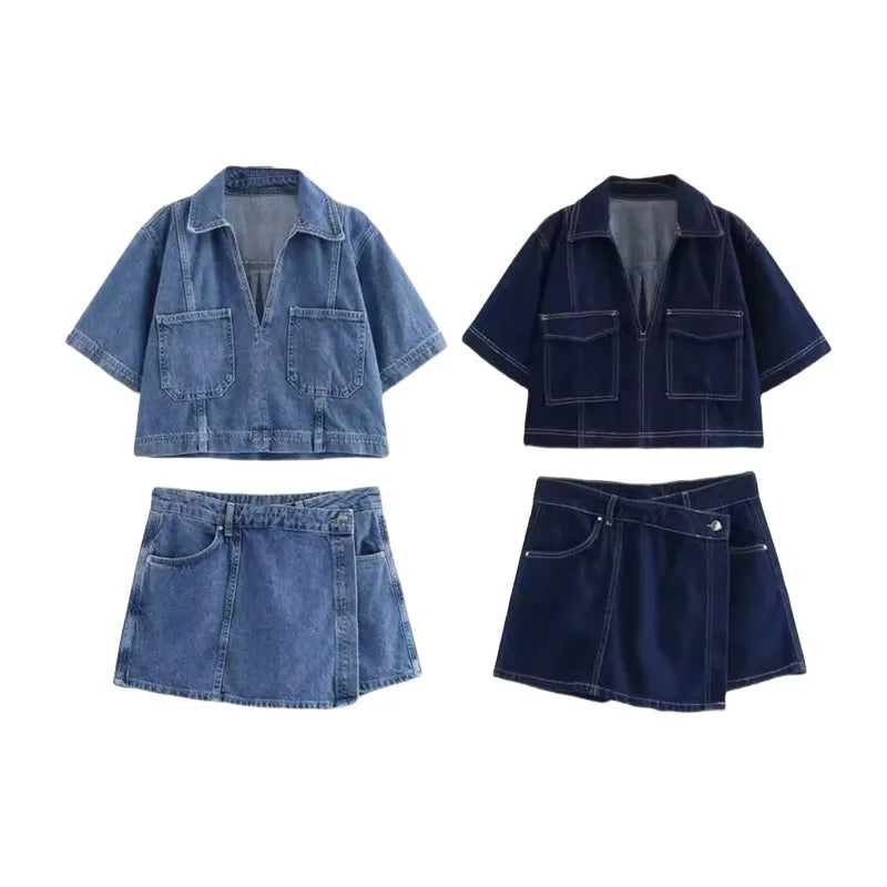 Women's Denim 2-Piece Set – V-Neck Crop Top & Asymmetrical Culottes | Summer Sexy Loose Fit Suit