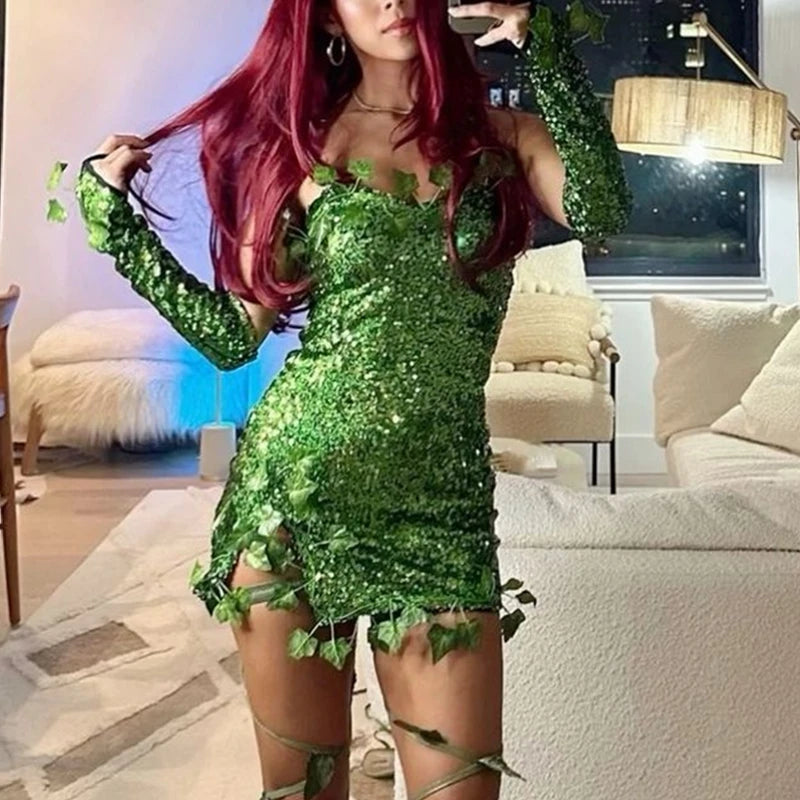 Women's Halloween Forest Fairy Elf Costume – Sequin Dress with Gloves for Cosplay and Fancy Dress Parties