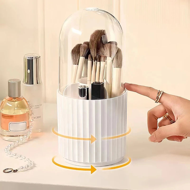 360° Rotating Makeup Brush Holder with Lid – Dustproof Lipstick & Cosmetic Organizer Storage Box