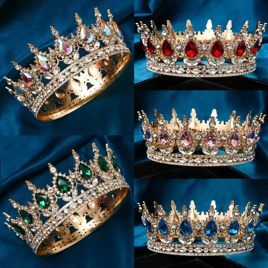 Baroque Round Rhinestone Wedding Crown – Vintage Crystal Tiara Headpiece for Bridal, Queen, or Pageant Looks