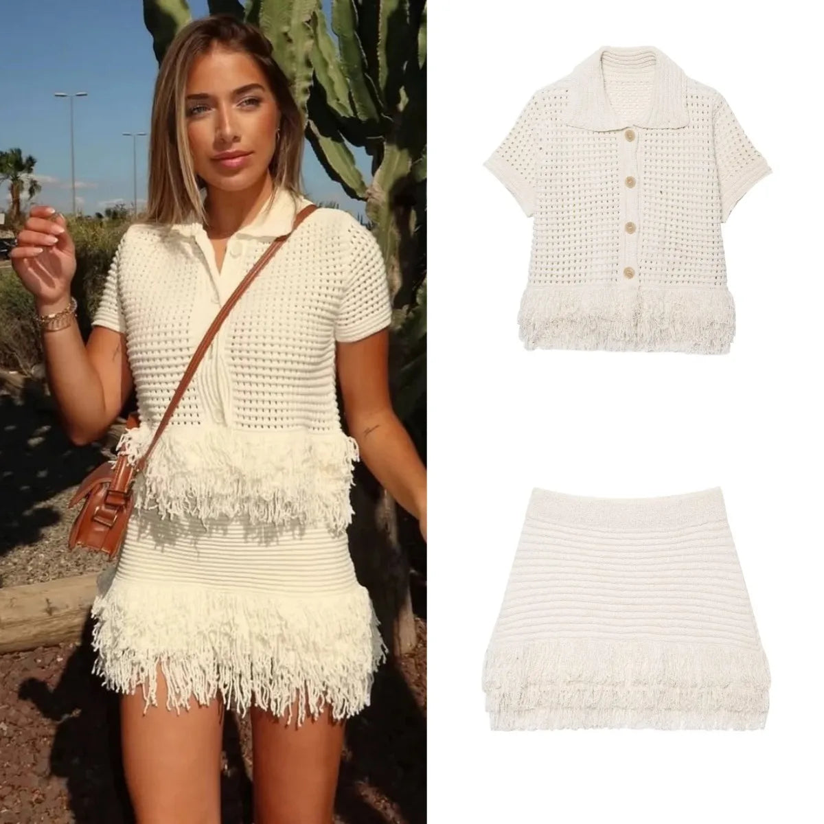 Women's Elegant Knit Two-Piece Set – Tassel Embellished Hollow Out Short Sleeve Blouse & Mini Skirt