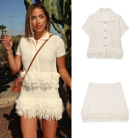 Women's Elegant Knit Two-Piece Set – Tassel Embellished Hollow Out Short Sleeve Blouse & Mini Skirt