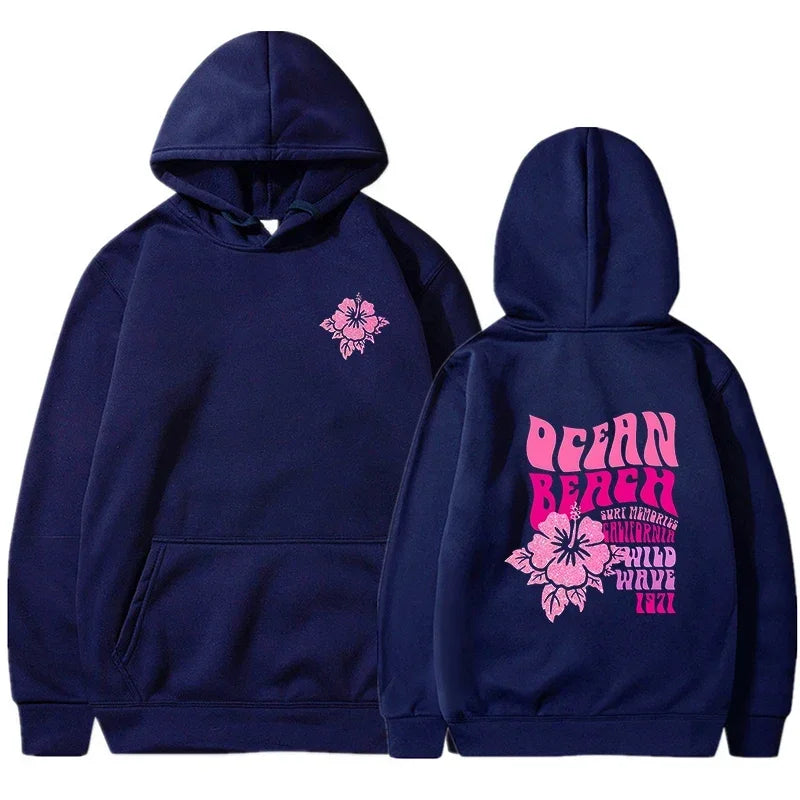 Beach Aesthetic Pink Hoodie with Ocean Flower Slogan – Casual Fleece Pullover Sweatshirt for Women