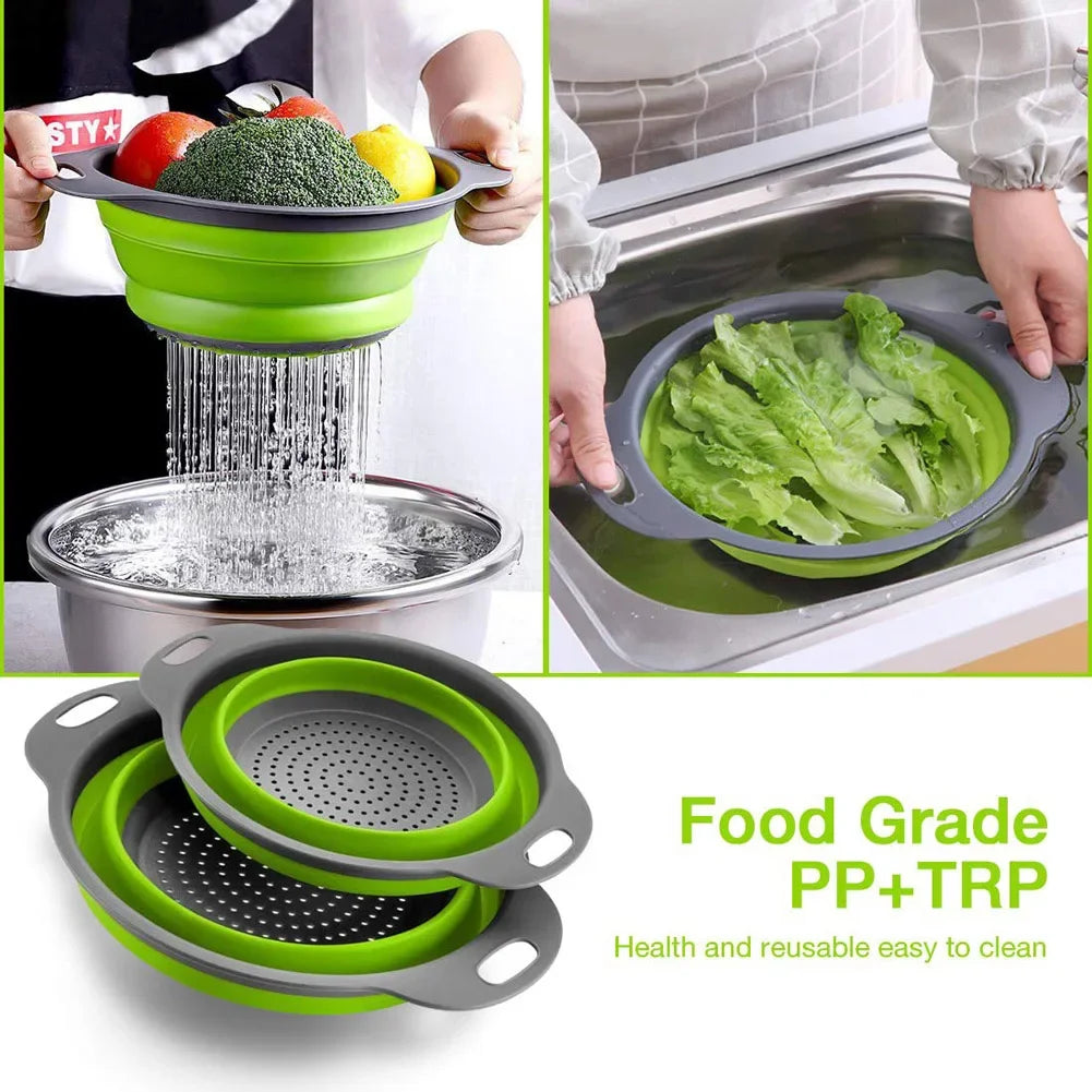 Collapsible Silicone Round Colander – Folding Vegetable & Fruit Washing Drain Basket