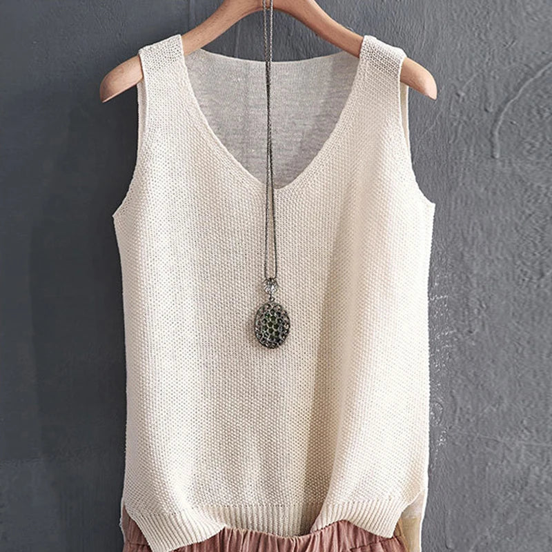 Sleeveless Knitted V-Neck Blouse for Women – Summer Casual Straight-Fit Top