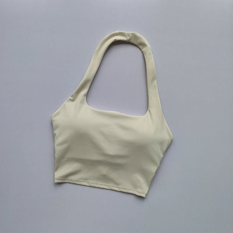 Women's Pleated Halter Sports Bra – Padded, Backless, Stylish Summer Activewear