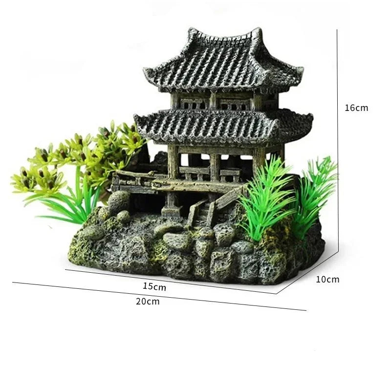 Ancient-Style Resin Landscape House Aquarium Decoration – Simulation Fish Tank Ornament for Aquascaping and Tank Design (299g / 335g)