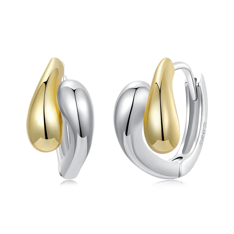 Two-Tone Waterdrop Hoop Earrings – 14K Gold & 925 Sterling Silver Chunky Twisted Link Style for Women