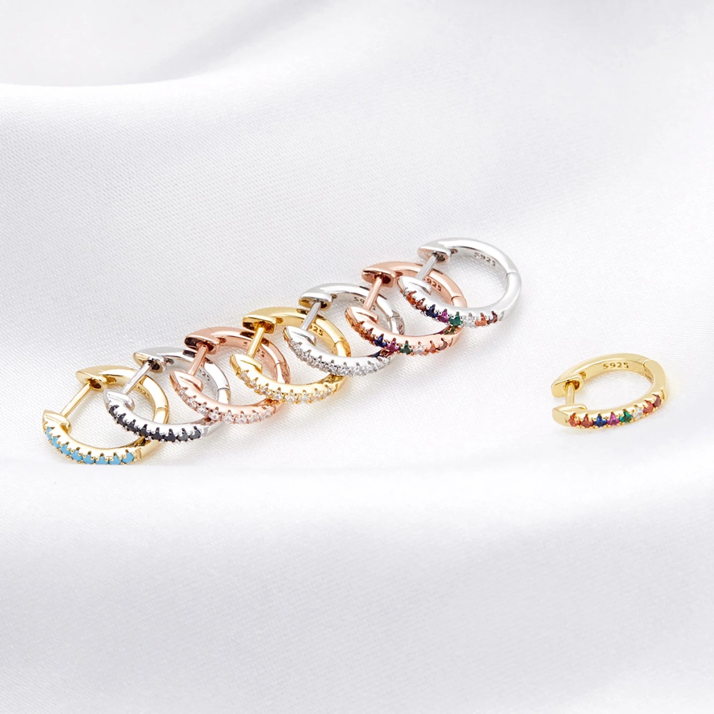 14K Gold Plated 925 Sterling Silver Cuff Earrings – Colorful Zircon Huggie Hoops for Women, 10 Color Options