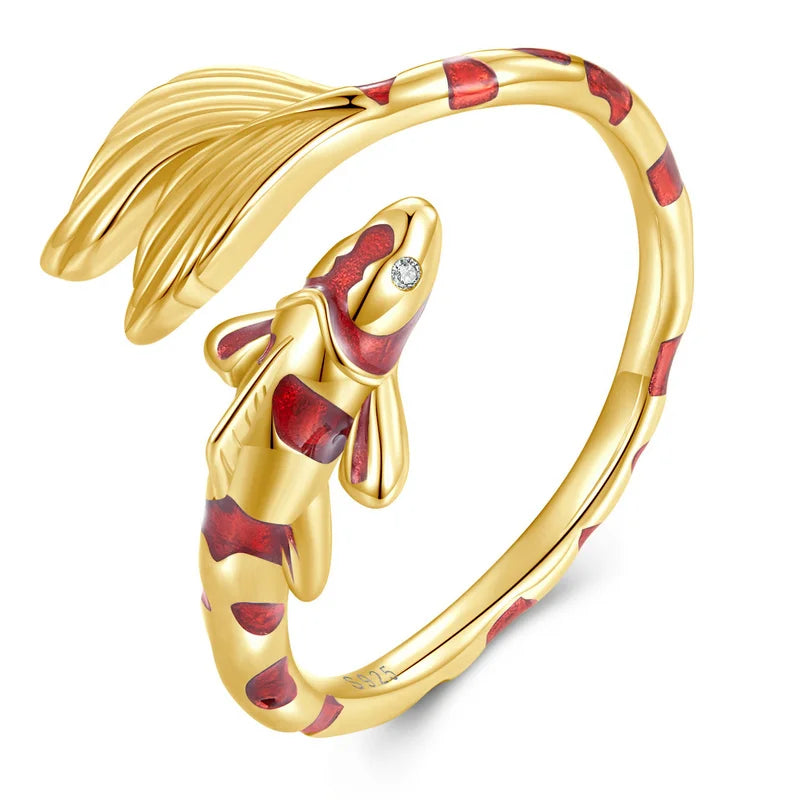 Adjustable Red Koi Fish Ring in 925 Sterling Silver – Lucky Animal Cocktail Ring with Zircon Detail