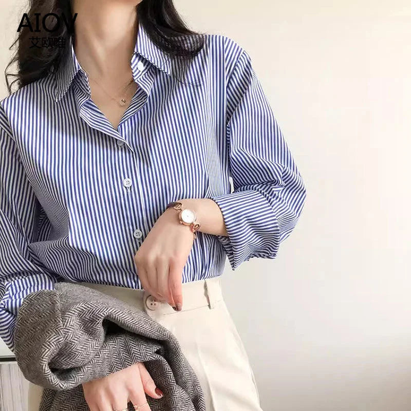 Classic Striped Lantern Sleeve Blouse – Stand Collar Loose Fit Shirt for Women